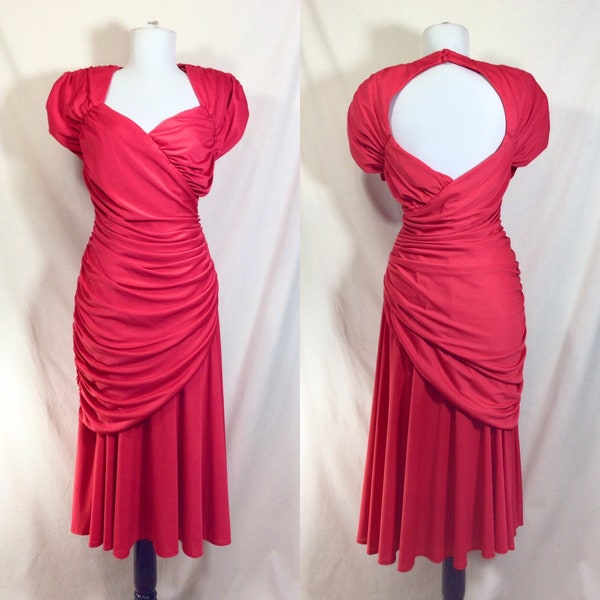 1980s Red Rouched Sweetheart Party Dress with Open Back size M/L