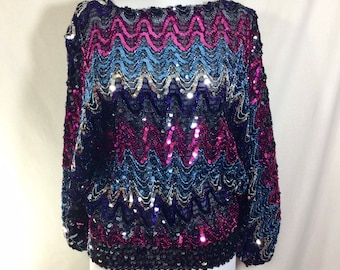 1970s Sequin Chevron Batwing Sleeve Disco Sweater size S/M