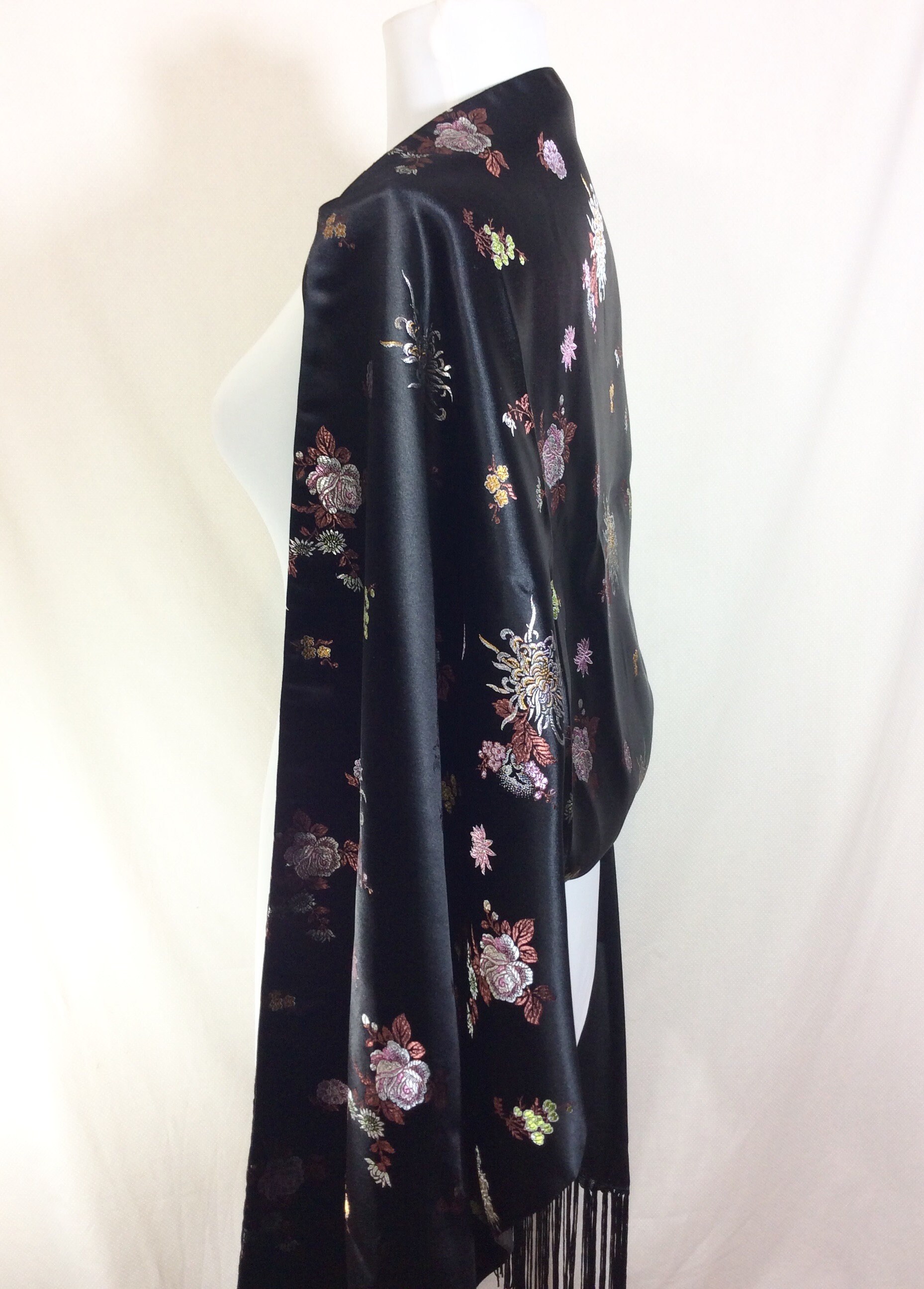 Vintage Black Satin Silk Fringed Shawl with Metallic Embroidered ...