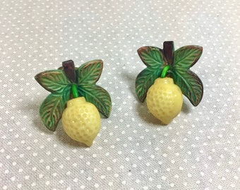 1940s Lemon Celluloid Tropical Screw-back Earrings