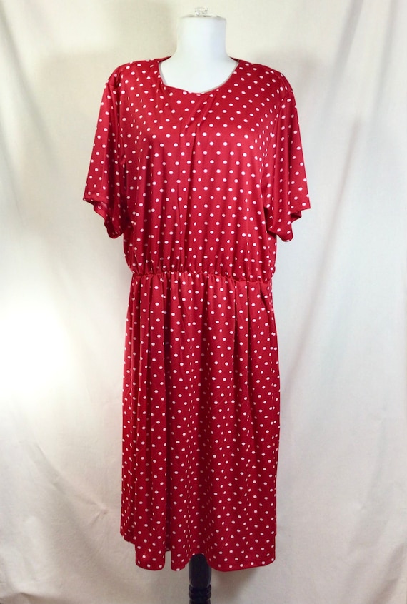 1990s Red Polka Dot Short Sleeve Stretch Dress wi… - image 3