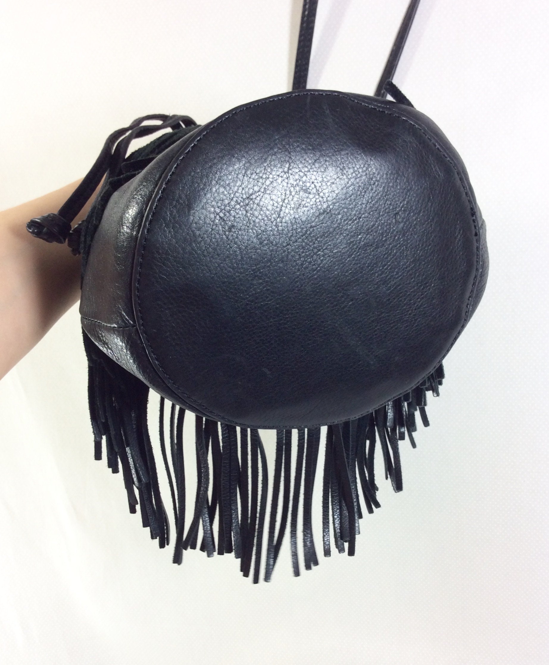 Vintage Fringed Black Leather Drawstring Bucket Purse with Long Strap