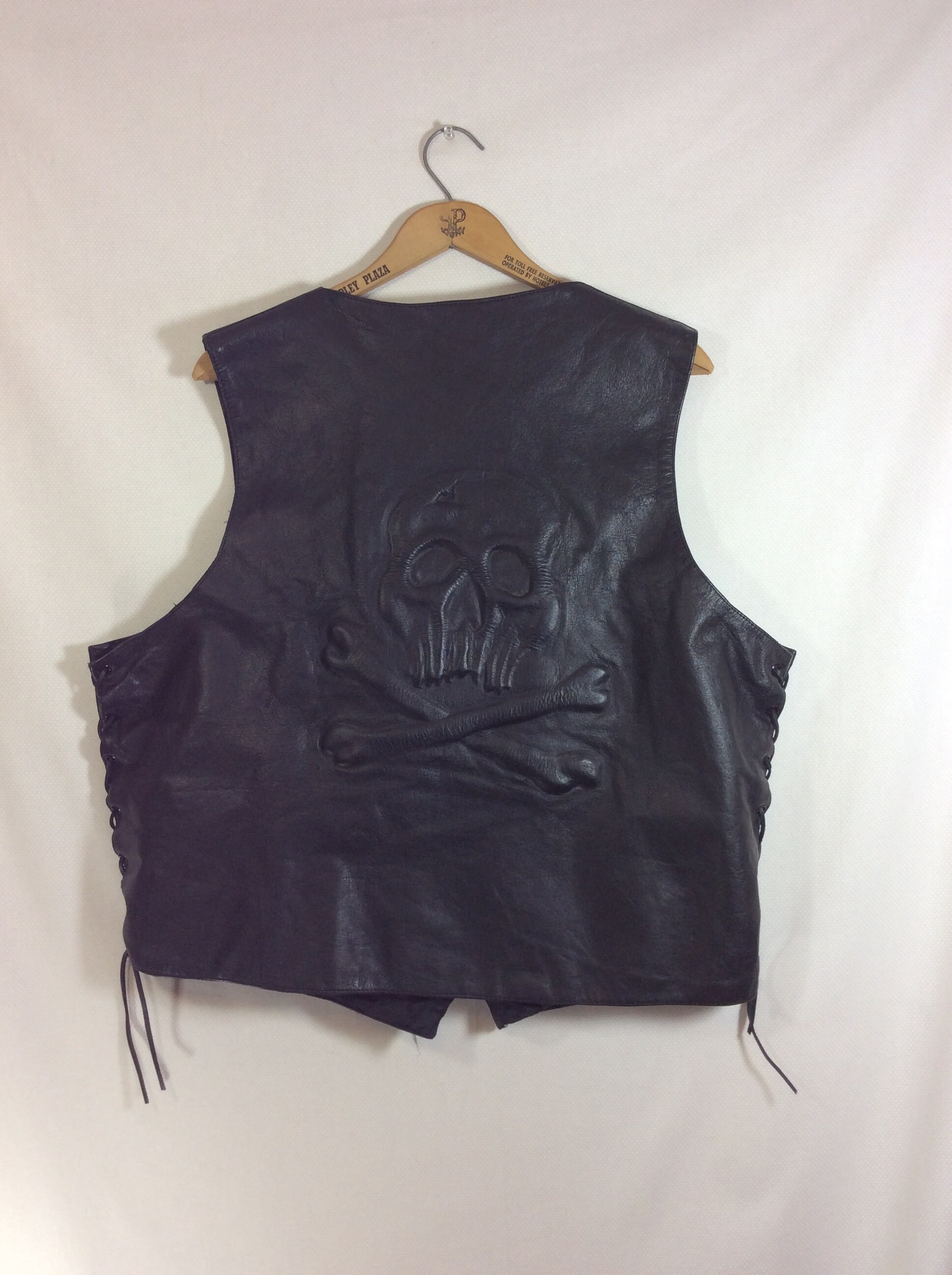 Mens Raised Skull Black Leather Vest with LaceUp Sides size XXL