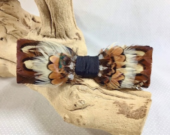 1970s Rustic Pheasant Feather Bowtie with Rust-Resistant Clip and Original Case