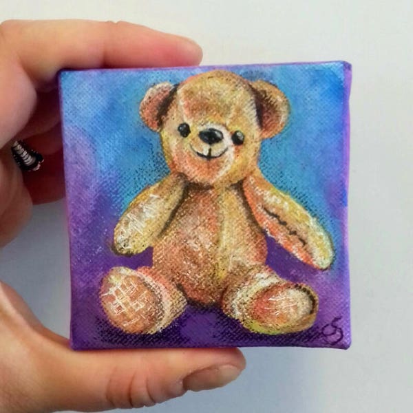 Teddy Bear Miniature Artwork - Tiny mixed media Canvas! Soooo cute! Only 70mm!