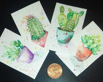 Set of 4 Miniature Cactus paintings - Original tiny watercolours - Cute!