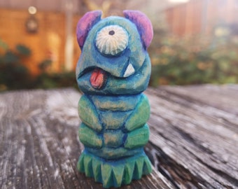 Hand carved, painted and finished wooden monster - creepy and cute! - One of a kind gift!