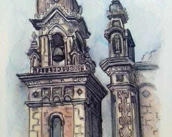 Spanish Bell Tower in Oviedo - Original A4 Artwork - Pen and wash watercolour