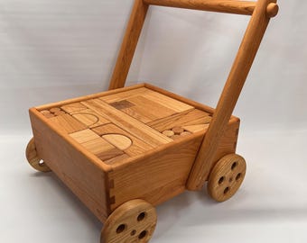 Cherry Wood Block Wagon Toy. 100 Hardwood Unit Blocks, Learn to Walk Toy