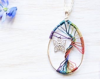 Rainbow tree necklace, Angel baby gift, Whimsical jewelry, Tree of life pendant, Miscarriage Jewelry, Memorial gift, Autism Awareness, UK