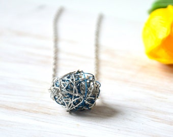 Wire Knot Necklace, Silver and blue, Copper pendant, Anniversary gift, Dainty necklace, Tumbleweed, Edgy Artisan Jewelry, Monochrome, UK