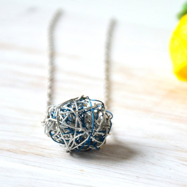 Wire Knot Necklace, Silver and blue, Copper pendant, Anniversary gift, Dainty necklace, Tumbleweed, Edgy Artisan Jewelry, Monochrome, UK