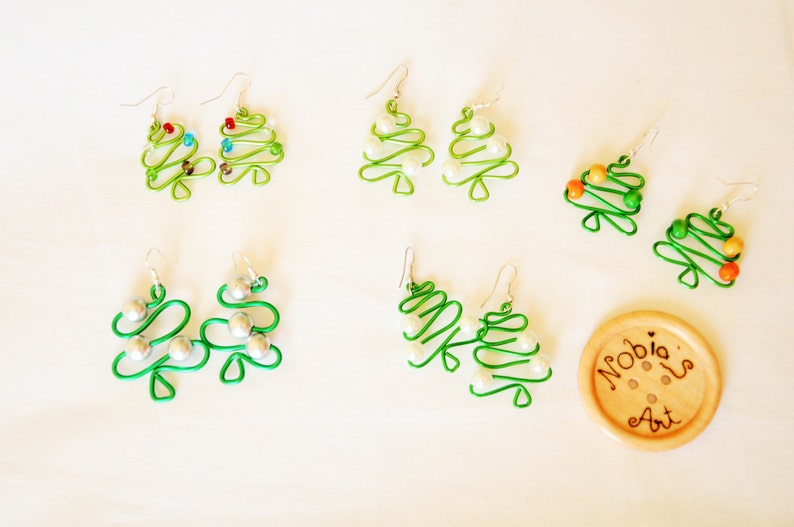 Christmas Earrings, Xmas tree jewelry, Stocking filler, Stocking stuffer, Green Wire earring, Novelty earring, Festive jewelry, Secret santa image 2