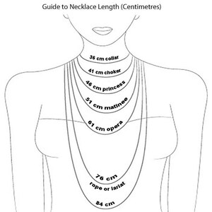 Puede incluir: Un dibujo de l&iacute;nea de una persona que lleva collares de diferentes longitudes, con las longitudes etiquetadas en cent&iacute;metros. Las longitudes son: 36 cm collar, 41 cm gargantilla, 46 cm princesa, 51 cm matinee, 61 cm &oacute;pera, 76 cm cuerda o lazada, y 84 cm.