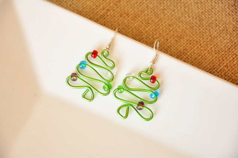 Christmas Earrings, Xmas tree jewelry, Stocking filler, Stocking stuffer, Green Wire earring, Novelty earring, Festive jewelry, Secret santa image 3