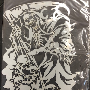 Laser cut Grime Reaper Stencil Design 10 mils reusable Mylar for Airbrush Painting and Craft 8.5"x11"