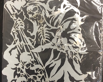 Large Laser cut Grime Reaper Stencil Design 10 mils reusable Mylar for Airbrush Painting and Craft 12"x18"