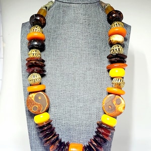 African Bone Statement Necklace, Chunky Copal Resin Bone and Brass Bib Necklace, Afrocentric Necklace, Bold African Inspired Necklace
