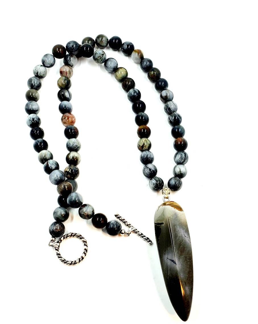 Pendentif Cœur En Agate - Argent 925 Massif & Cordon Cuir - Longueur Sur Mesure - Neuf