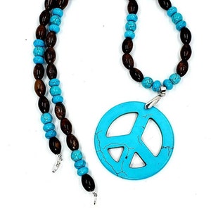 Large Turquoise Peace Sign  Necklace, Boho Gemstone Peace Sign Necklace, Peace Pendant Beaded Necklace, Unisex Birthday Gift