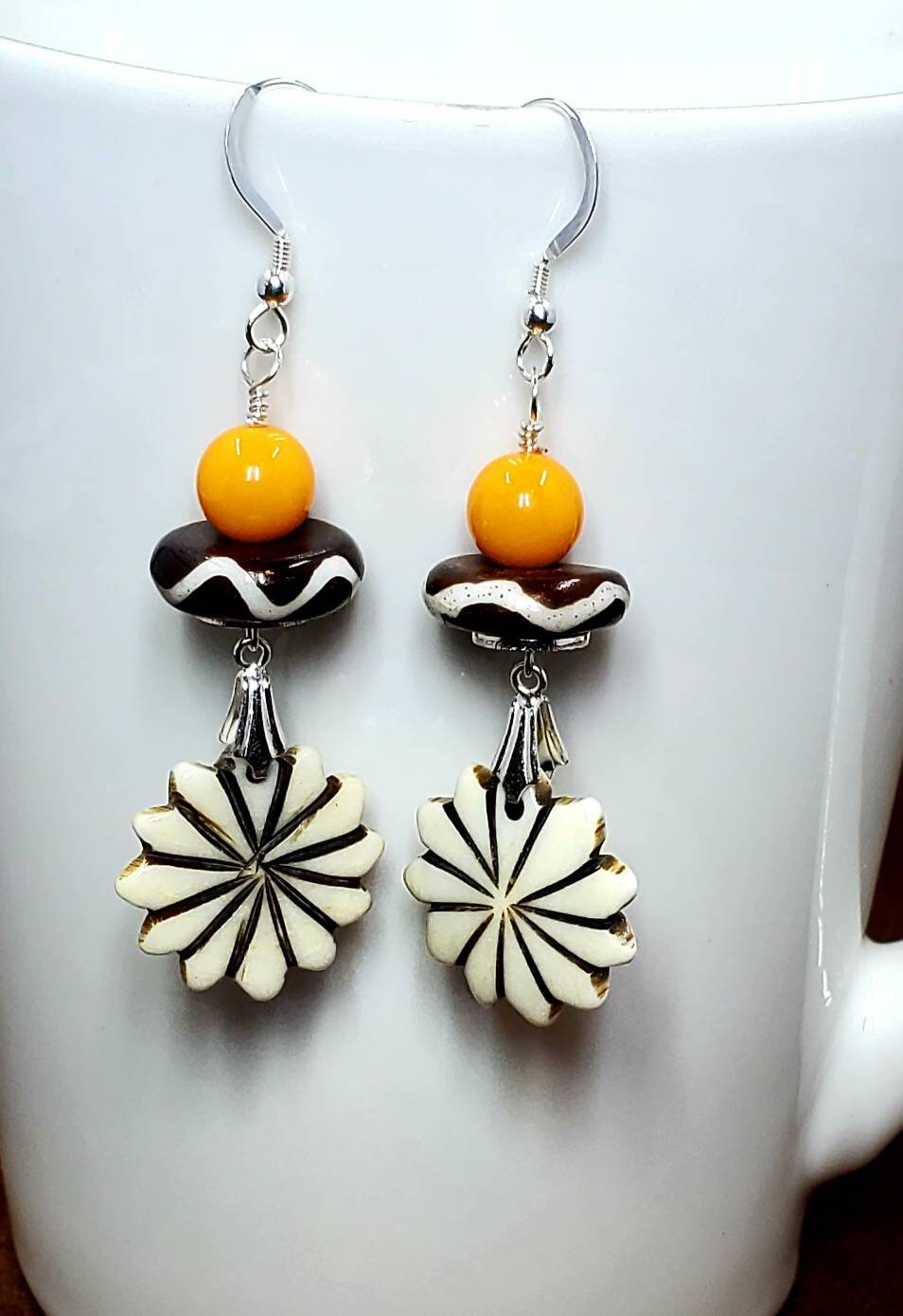 Carved Bone Flower Earrings, White and Brown Bone Dangle Earrings. Boho Summer Unique Cute Everday Fun Earrings, Gift for Her, Birthday Gift