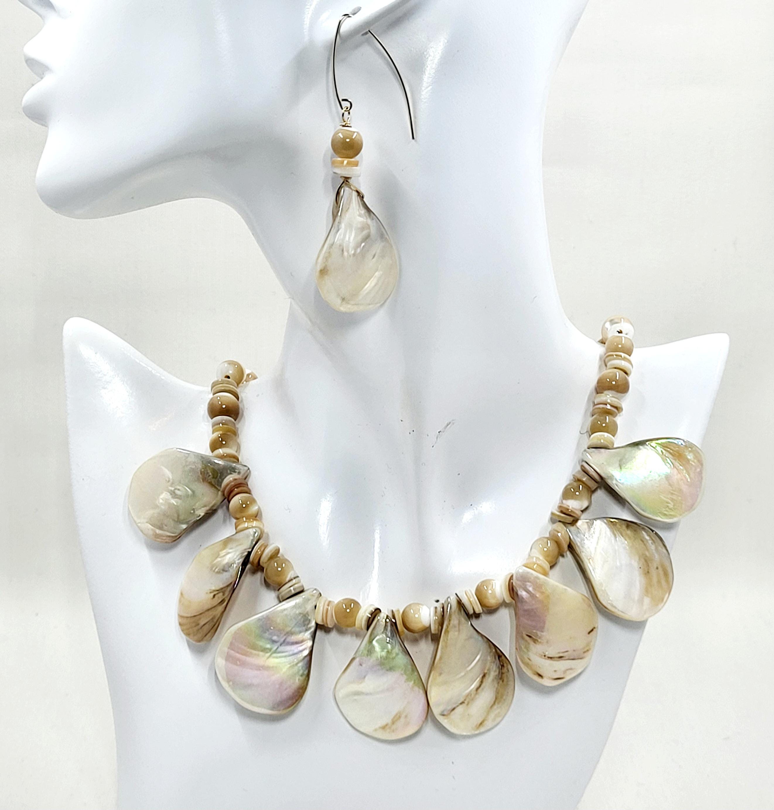 White Summer Shell Necklace Set, White Abalone Shell Statement Necklace Set, Mother of Pearl Shell Beachy Necklace and Earrings,