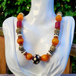 Ethnic Beaded Bone Necklace, Chunky Necklace with Ethnic Beads, Afrocentric Necklace, Boho Bib Necklace, Big Bold Necklace, autumn necklacd