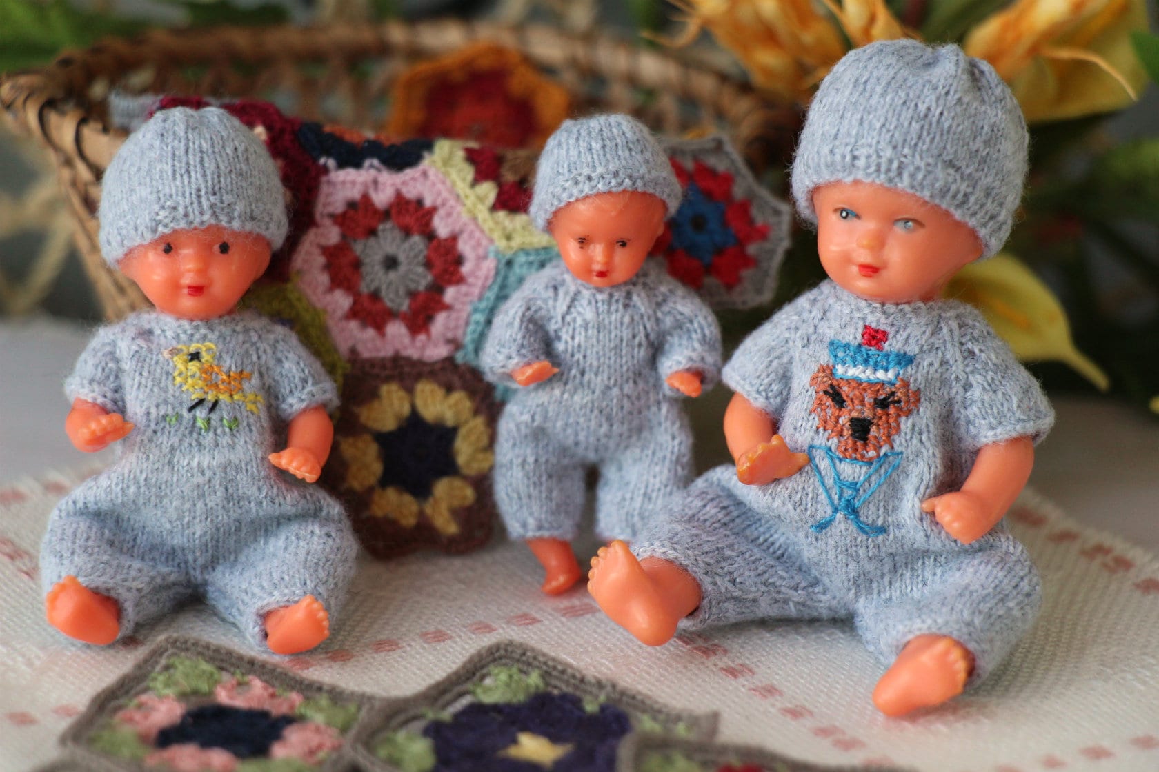 Knitting Patterns for 1:12 scale dollhouse baby doll fits 2 inch doll SET 3