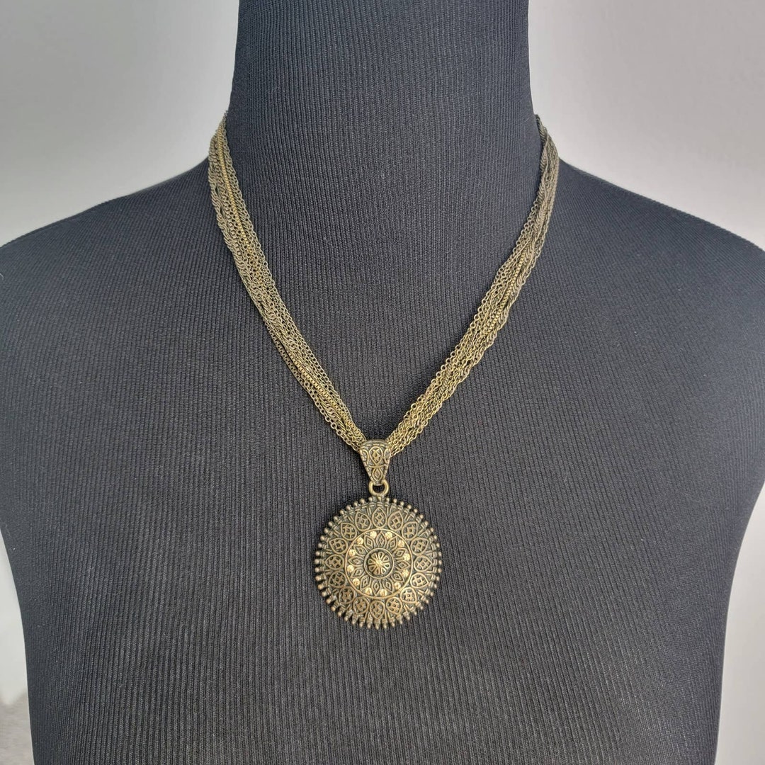 Bronze Gold Circle Medallion Pendant Necklace Boho Etsy