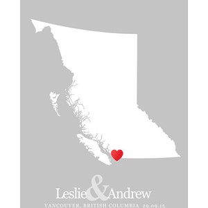 British Columbia Custom Vertical Heart Map Art Personalized names, wedding gift, engagement, anniversary date image 2