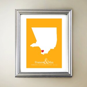 Los Angeles County aangepaste verticale hartkaartkunst - gepersonaliseerde namen, huwelijkscadeau, verloving, verjaardag
