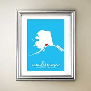 Alaska aangepaste verticale hartkaartkunst - gepersonaliseerde namen, huwelijkscadeau, verloving, verjaardag