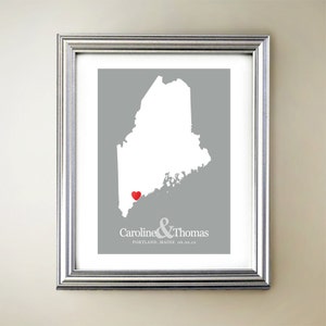 Maine Custom Vertical Heart Map Art - Personalized names, wedding gift, engagement, anniversary date