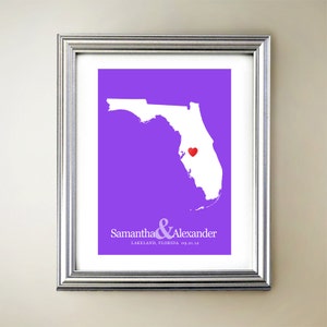 Art vertical personnalisé de carte de coeur de Floride - noms personnalisés, cadeau de mariage, fiançailles, date d'anniversaire