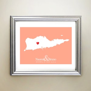 Arte de mapa de coração horizontal personalizado de St Croix - Nomes personalizados, presente de casamento, noivado, data de aniversário