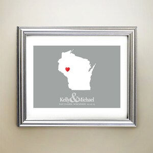 Wisconsin aangepaste horizontale hartkaartkunst - gepersonaliseerde namen, huwelijkscadeau, verloving, verjaardag