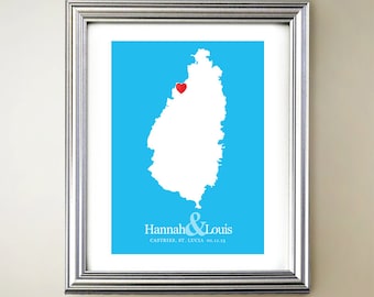 St Lucia Custom Vertical Heart Map Art - Personalized names, wedding gift, engagement, anniversary date