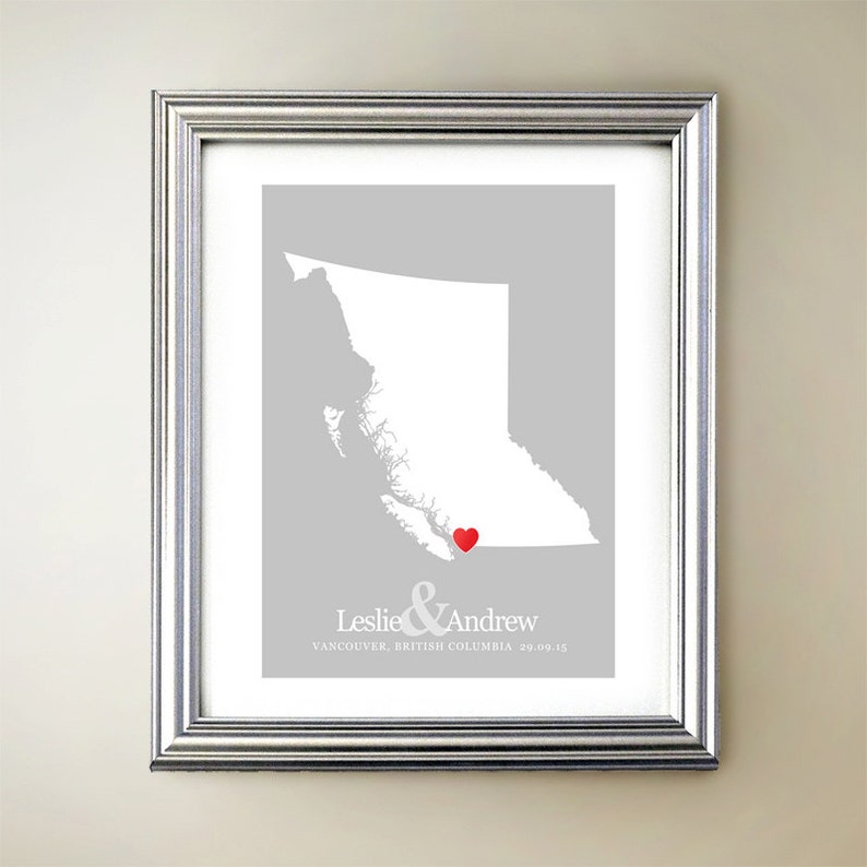 British Columbia Custom Vertical Heart Map Art Personalized names, wedding gift, engagement, anniversary date image 1
