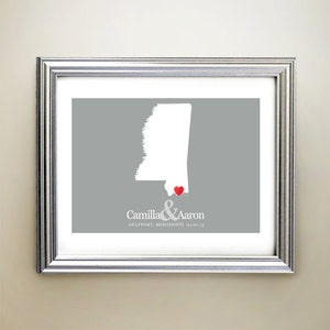 Mississippi aangepaste horizontale hartkaartkunst - gepersonaliseerde namen, huwelijkscadeau, verloving, jubileumdatum