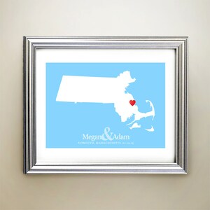 Massachusetts aangepaste horizontale hartkaartkunst - gepersonaliseerde namen, huwelijkscadeau, verloving, jubileumdatum