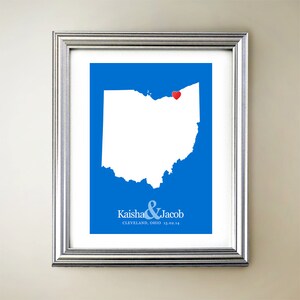 Ohio aangepaste verticale hartkaartkunst - gepersonaliseerde namen, huwelijkscadeau, verloving, jubileumdatum