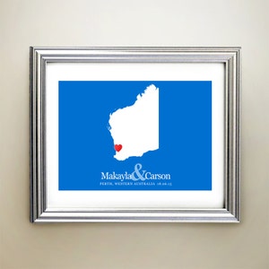 Aangepaste horizontale hartkaartkunst West-Australië - gepersonaliseerde namen, huwelijkscadeau, verloving, verjaardag