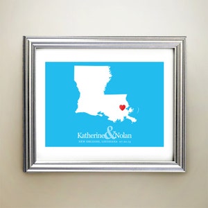 Louisiana aangepaste horizontale hartkaartkunst - gepersonaliseerde namen, huwelijkscadeau, verloving, jubileumdatum