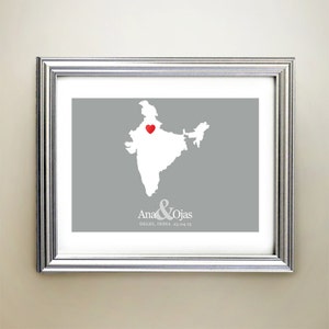Art horizontal personnalisé de carte de coeur de l'Inde - noms personnalisés, cadeau de mariage, fiançailles, date d'anniversaire