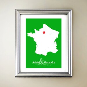 France Custom Vertical Heart Map Art - Personalized names, wedding gift, engagement, anniversary date