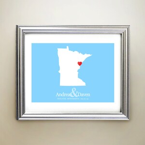 Minnesota aangepaste horizontale hartkaartkunst - gepersonaliseerde namen, huwelijkscadeau, verloving, verjaardag