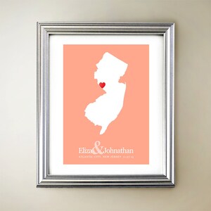 New Jersey aangepaste verticale hartkaartkunst - gepersonaliseerde namen, huwelijkscadeau, verloving, verjaardag