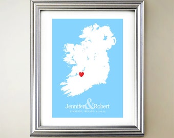 Ireland Custom Vertical Heart Map Art - Personalized names, wedding gift, engagement, anniversary date