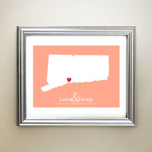 Connecticut aangepaste horizontale hartkaartkunst - gepersonaliseerde namen, huwelijkscadeau, verloving, jubileumdatum