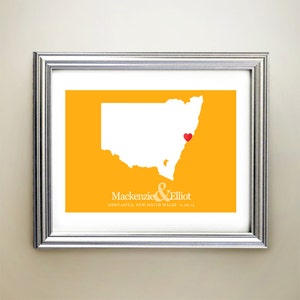 Aangepaste horizontale hartkaartkunst New South Wales - gepersonaliseerde namen, huwelijkscadeau, verloving, verjaardag